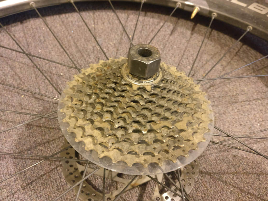 How do I remove the plastic disc on the rear wheel of my mountain